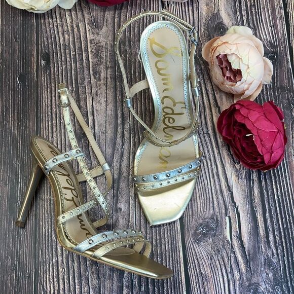 SAM EDELMAN Silver/Gold Leather Lennox Sandal 8M - Picture 1 of 11